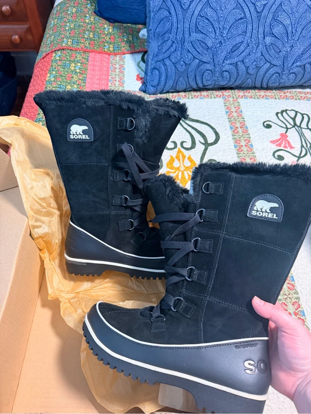 Sorel Black Women's Tall Lace-Up Winter Boot with Faux Fur Collar